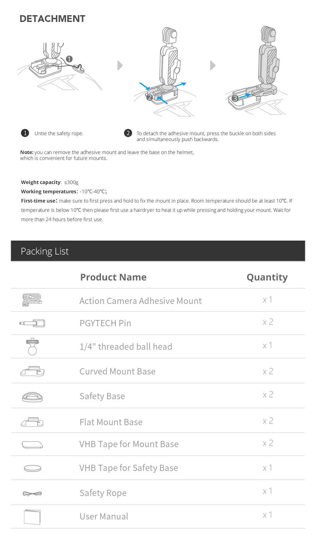 Action Camera Adhesive Mount - Detachment and Packing list